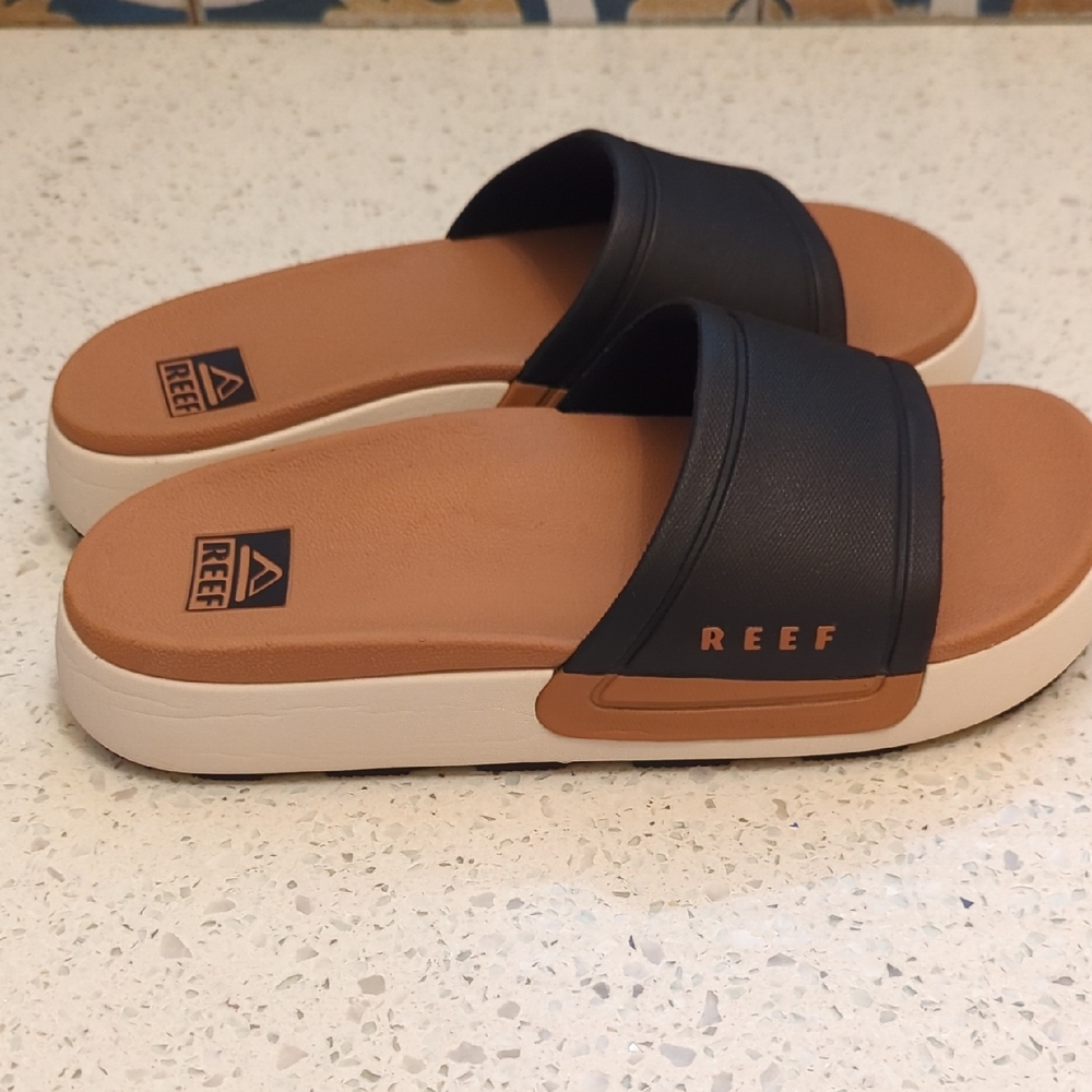 Reef Black Strap Slide Sandals with Brown Footbed - Picture 2 of 3